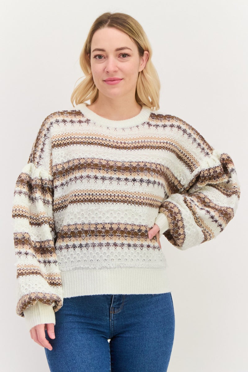 DEX Women Round Neck Long Sleeves Knitted Stripe Sweater, White - Image 1